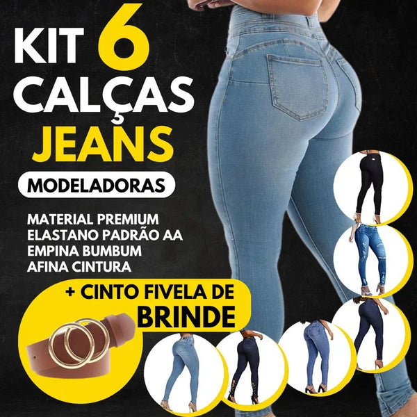 KIT 6  Calças Jeans Modeladoras + Cinto Fivela Argola Dupla de Brinde